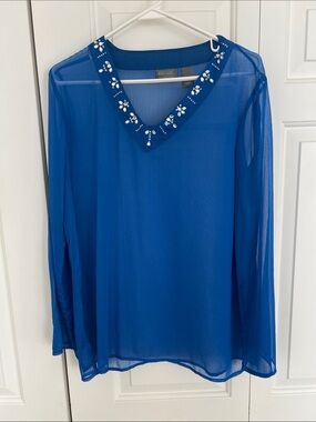 Chico's Royal Blue Sheer V-Neck Blouse with Jewel Accents
